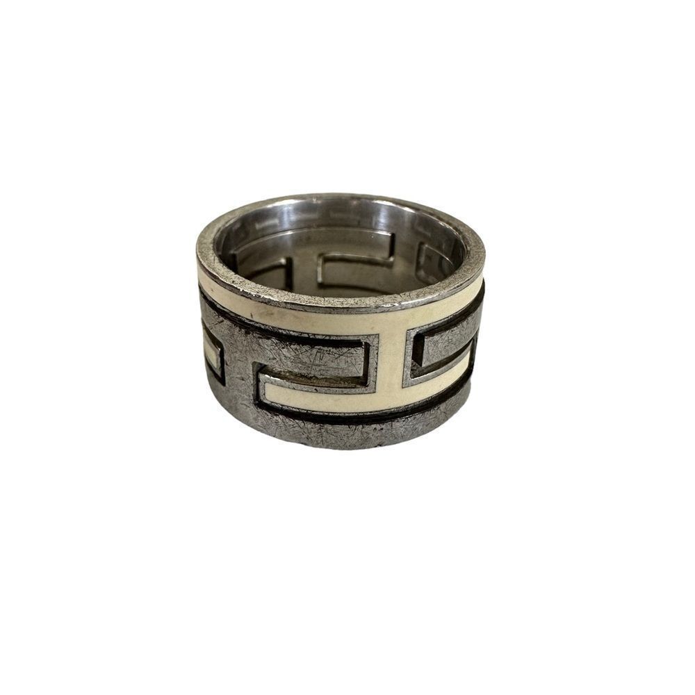 Hermes Two-Tone Geometric Band Ring in Silver and Cream